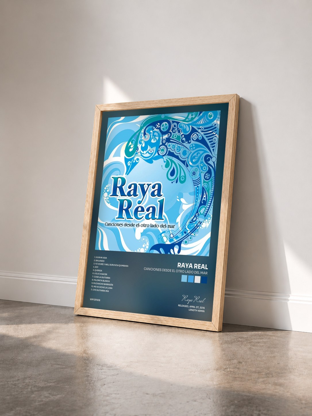 #bois Tableau de l'album Canciones desde el otro lado del mar de Raya Real vu de trois quarts, cadre en bois brut