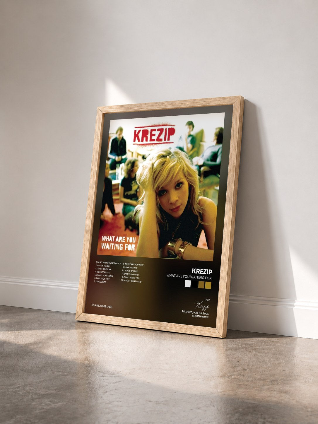 #bois Tableau de l'album What Are You Waiting For de Krezip vu de trois quarts, cadre en bois brut