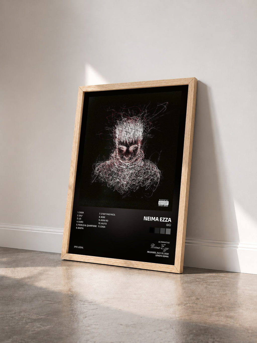 #bois Tableau de l'album Giù de Neima Ezza vu de trois quarts, cadre en bois brut