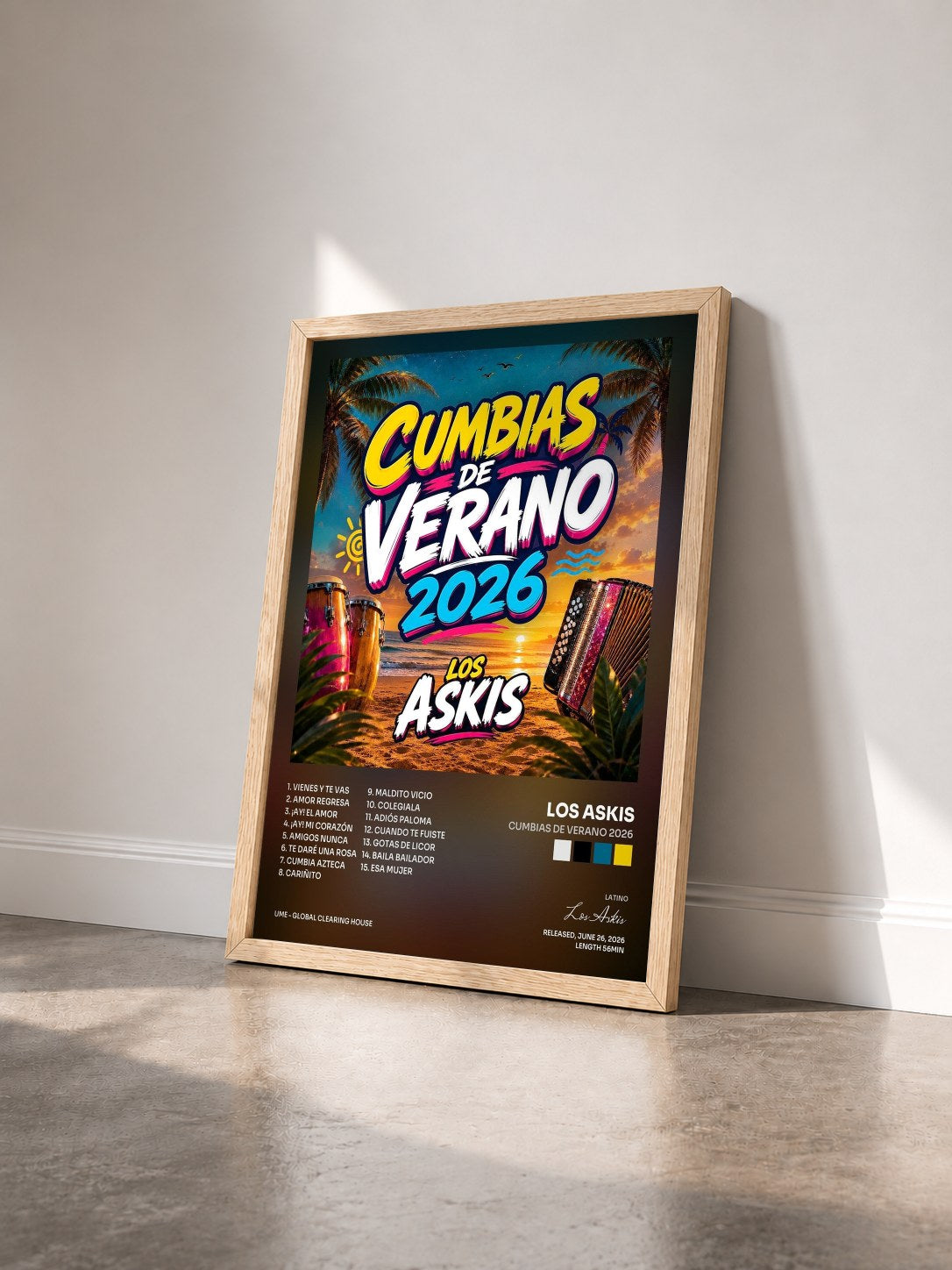 #bois Tableau de l'album CUMBIAS DE VERANO 2026 de Los Askis vu de trois quarts, cadre en bois brut