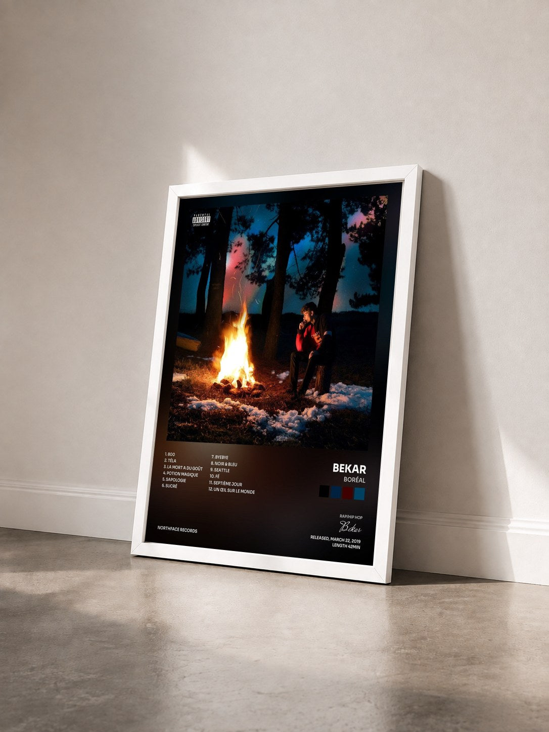 #blanc Tableau de l'album Boréal de Bekar vu de trois quarts, cadre blanc