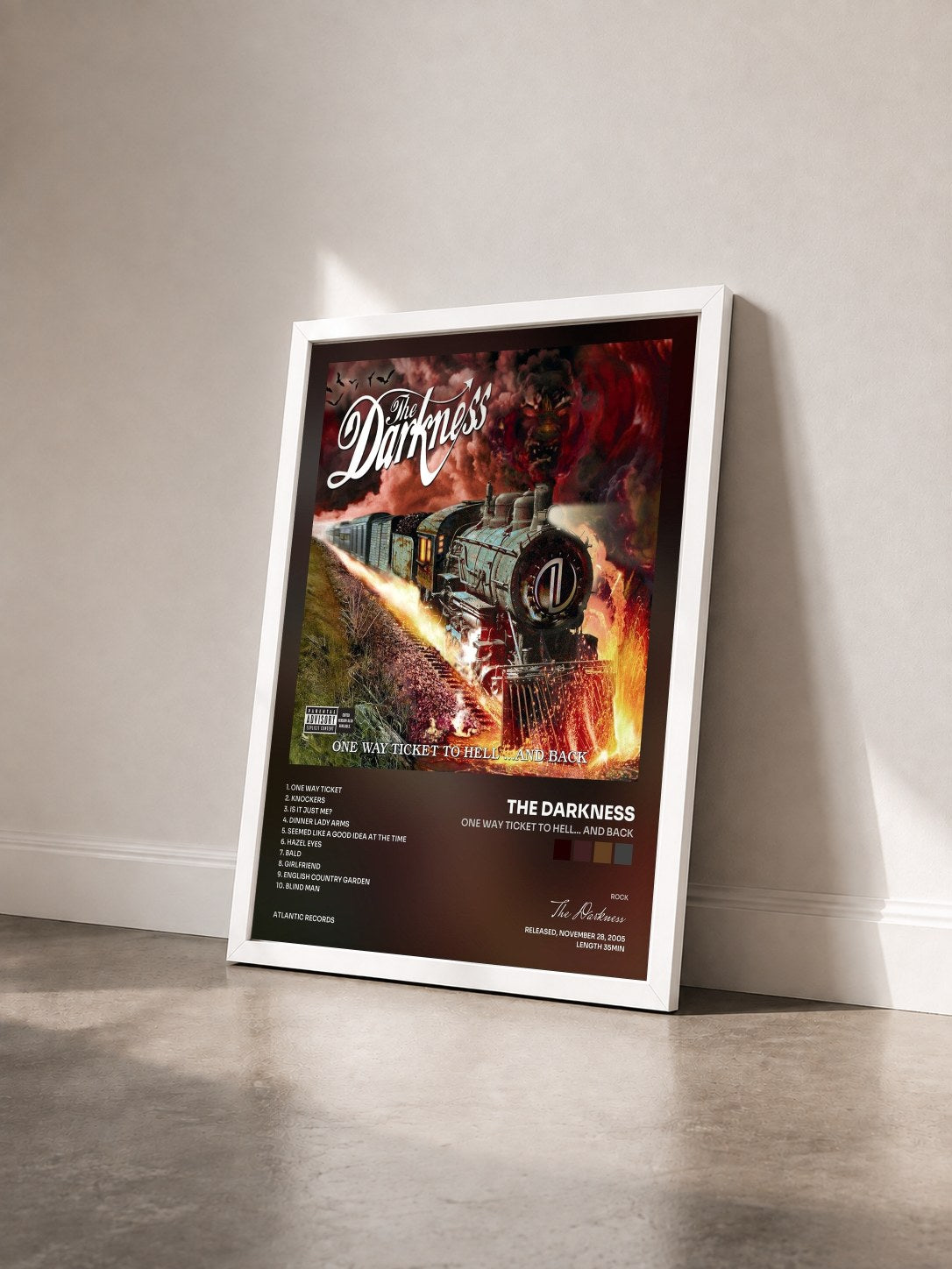 #blanc Tableau de l'album One Way Ticket to Hell... and Back de The Darkness vu de trois quarts, cadre blanc
