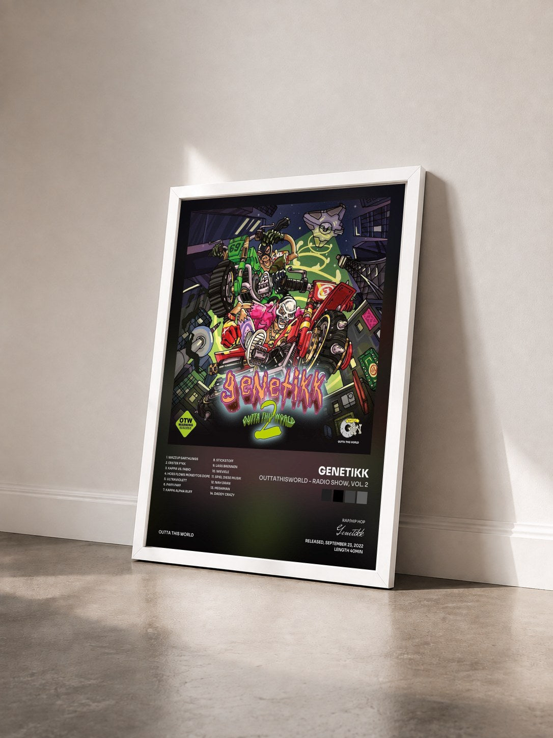 #blanc Tableau de l'album OUTTATHISWORLD - RADIO SHOW, Vol. 2 de Genetikk vu de trois quarts, cadre blanc