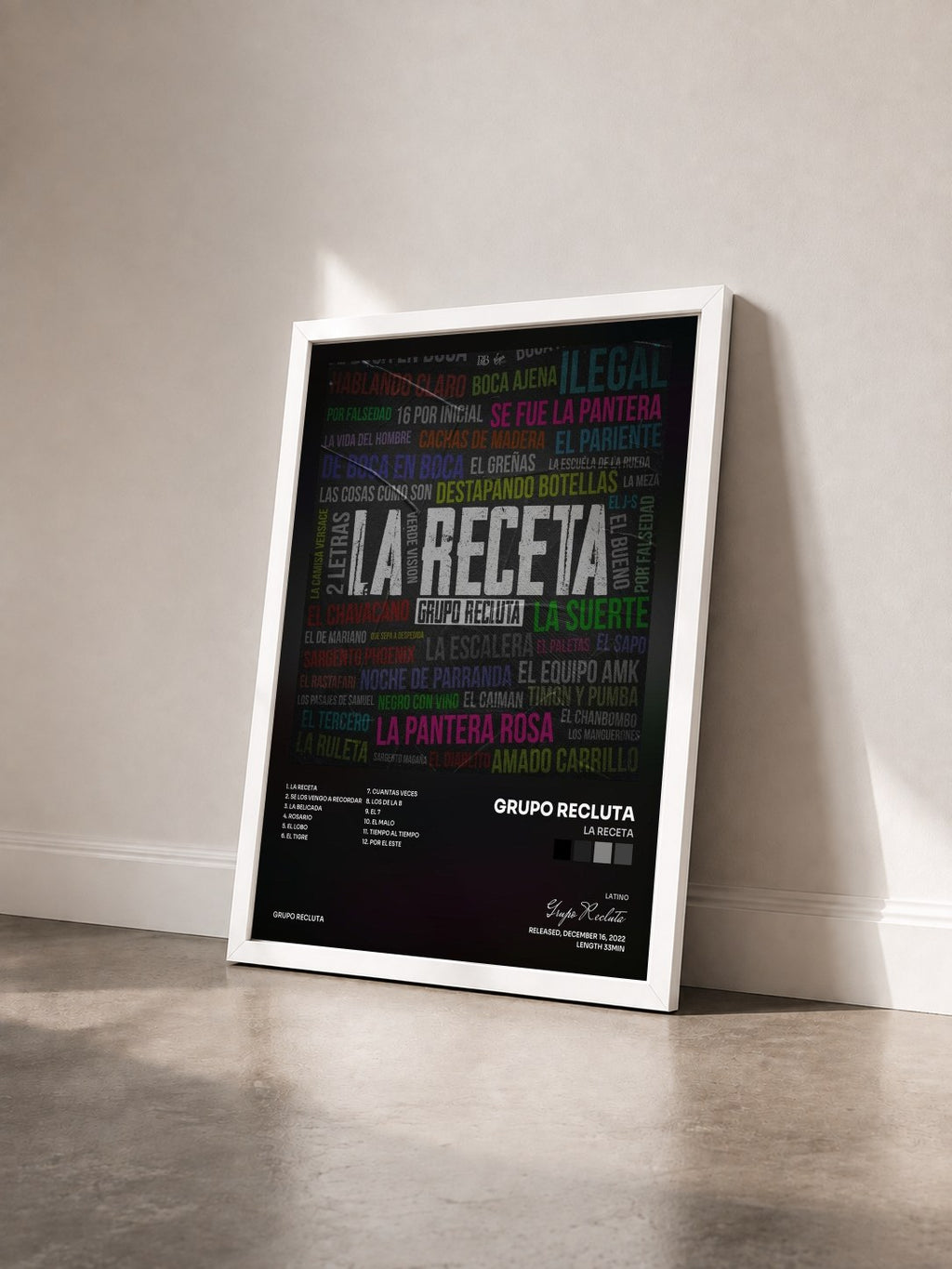 #blanc Tableau de l'album La Receta de Grupo Recluta vu de trois quarts, cadre blanc