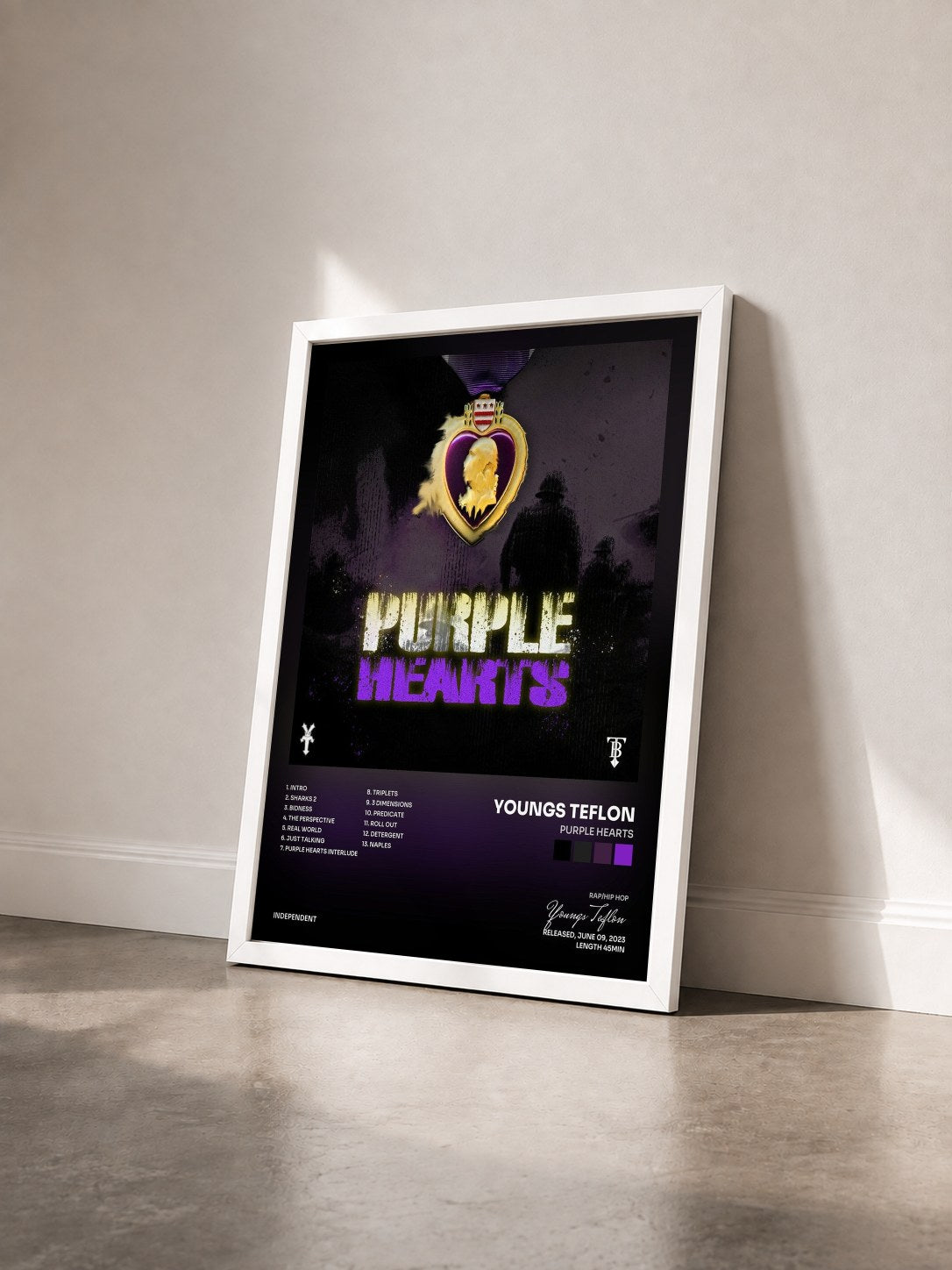 #blanc Tableau de l'album Purple Hearts de Youngs Teflon vu de trois quarts, cadre blanc