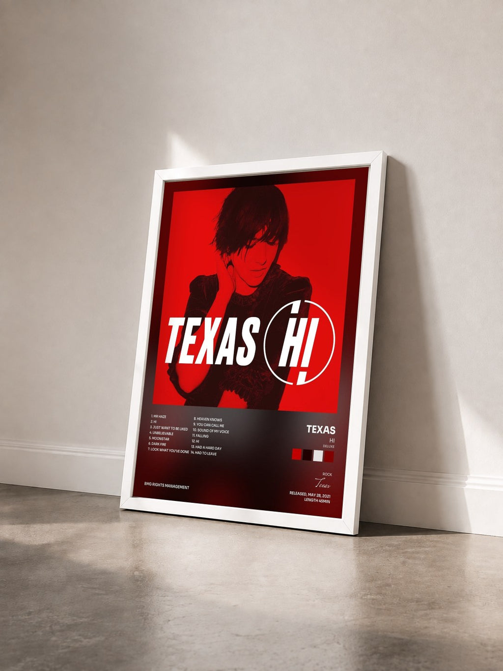 #blanc Tableau de l'album Hi (Deluxe) de Texas vu de trois quarts, cadre blanc