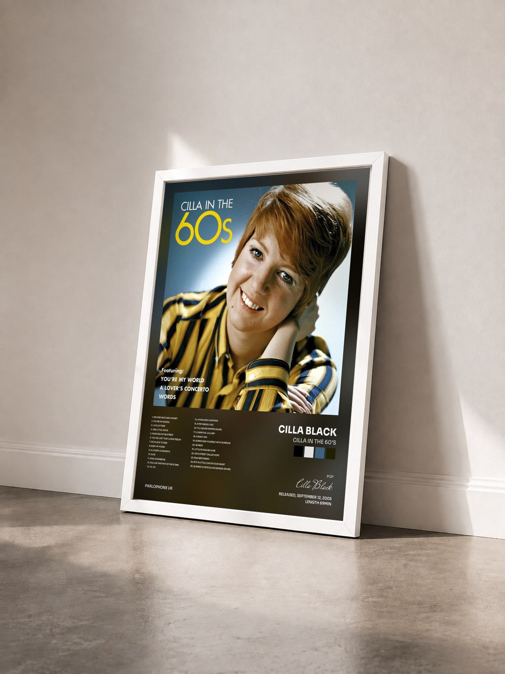 #blanc Tableau de l'album Cilla in the 60's de Cilla Black vu de trois quarts, cadre blanc