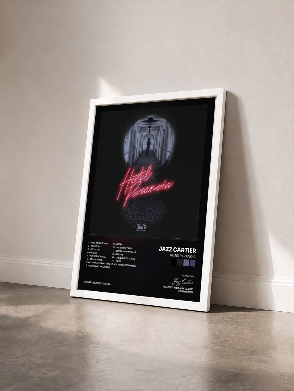 #blanc Tableau de l'album Hotel Paranoia de Jazz Cartier vu de trois quarts, cadre blanc