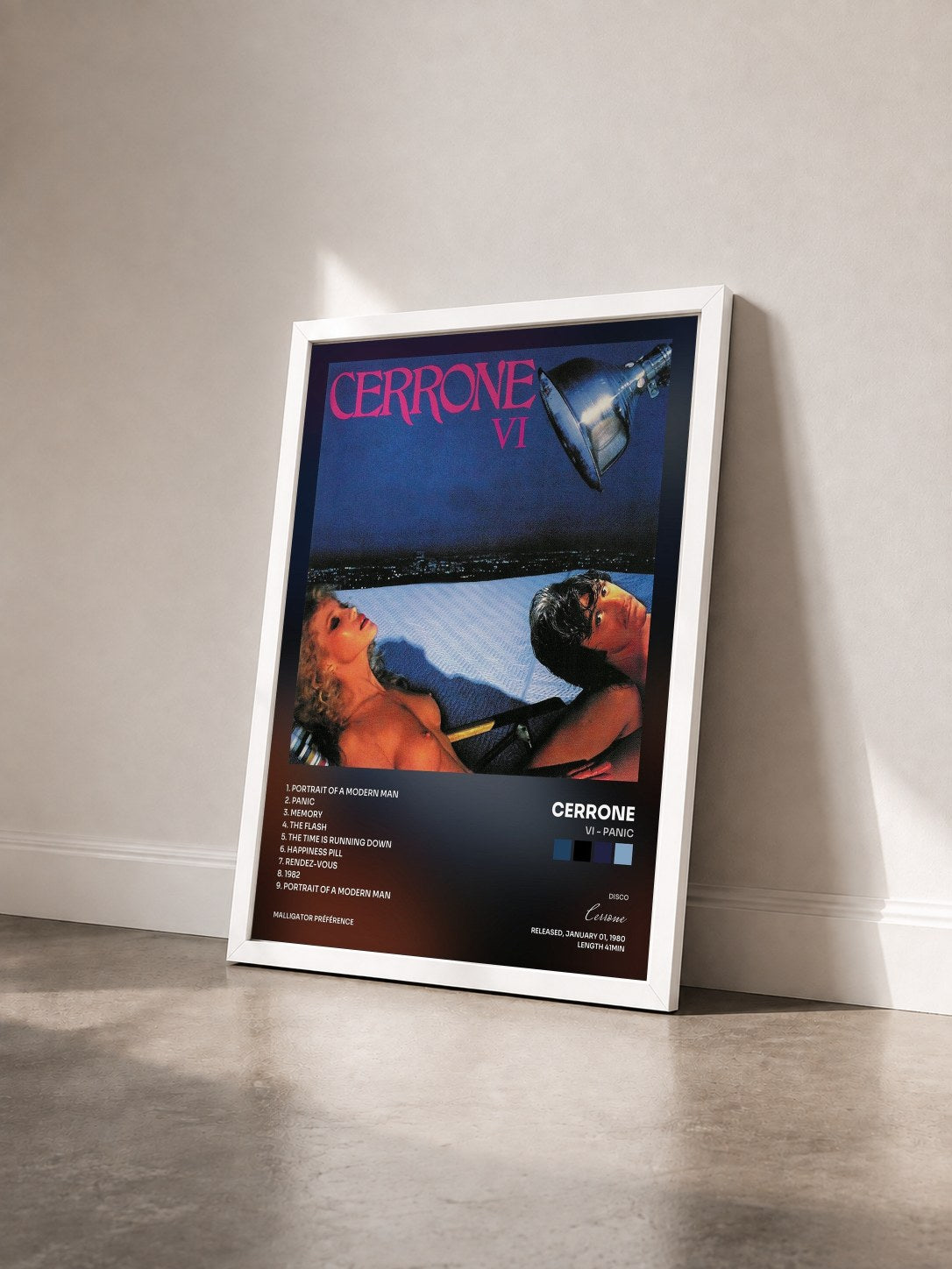 #blanc Tableau de l'album VI - Panic de Cerrone vu de trois quarts, cadre blanc