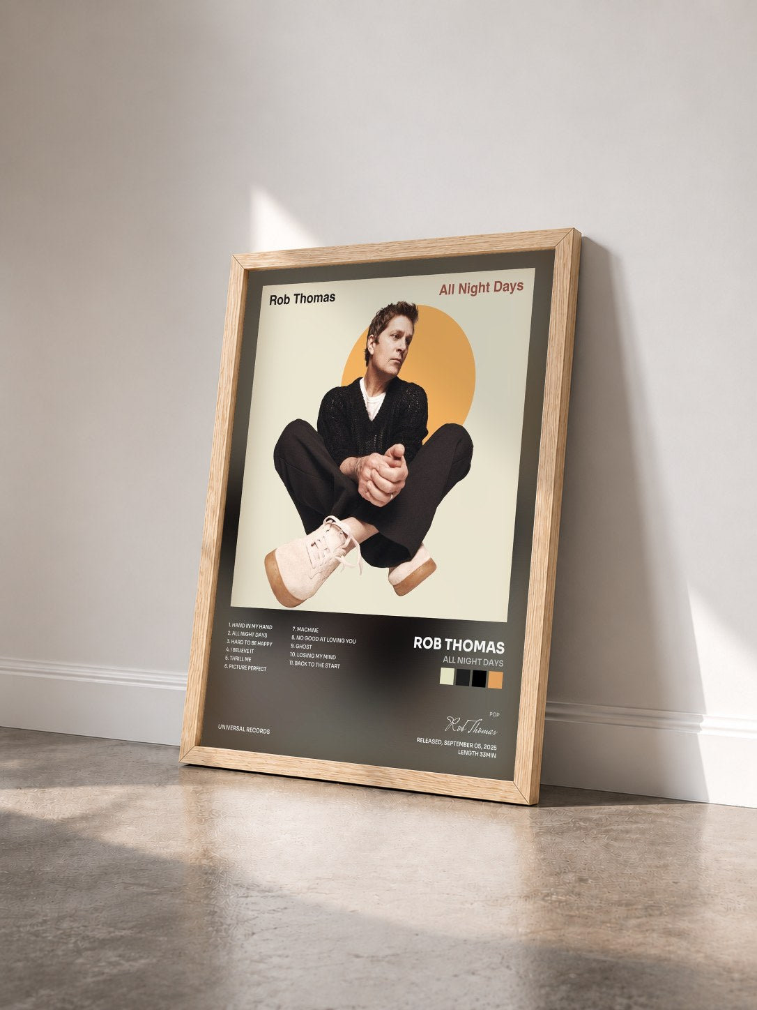 #bois Tableau de l'album All Night Days de Rob Thomas vu de trois quarts, cadre en bois brut