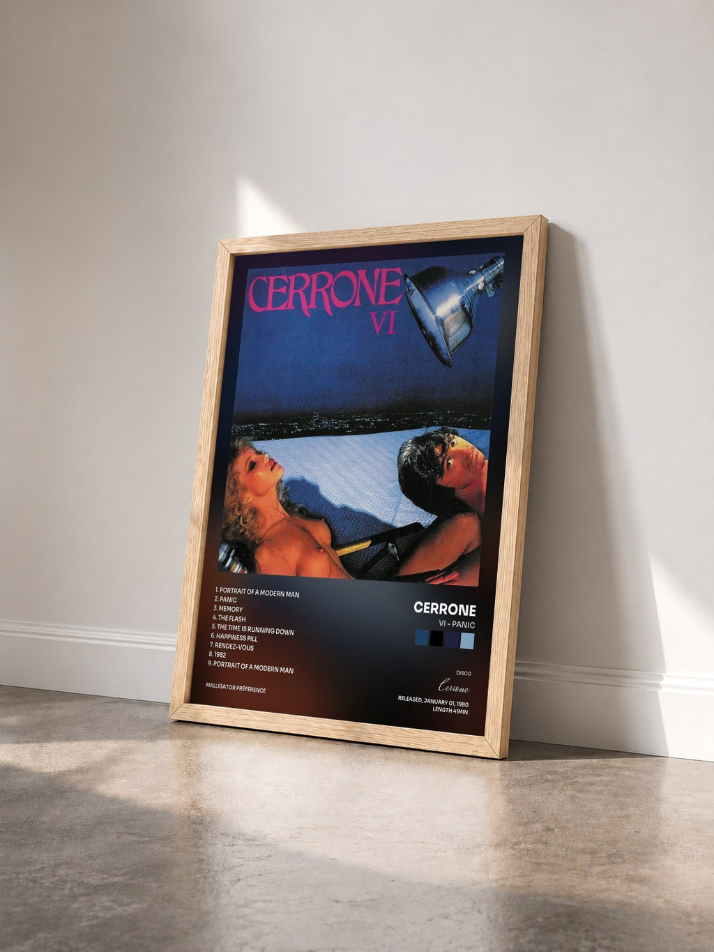 #bois Tableau de l'album VI - Panic de Cerrone vu de trois quarts, cadre en bois brut