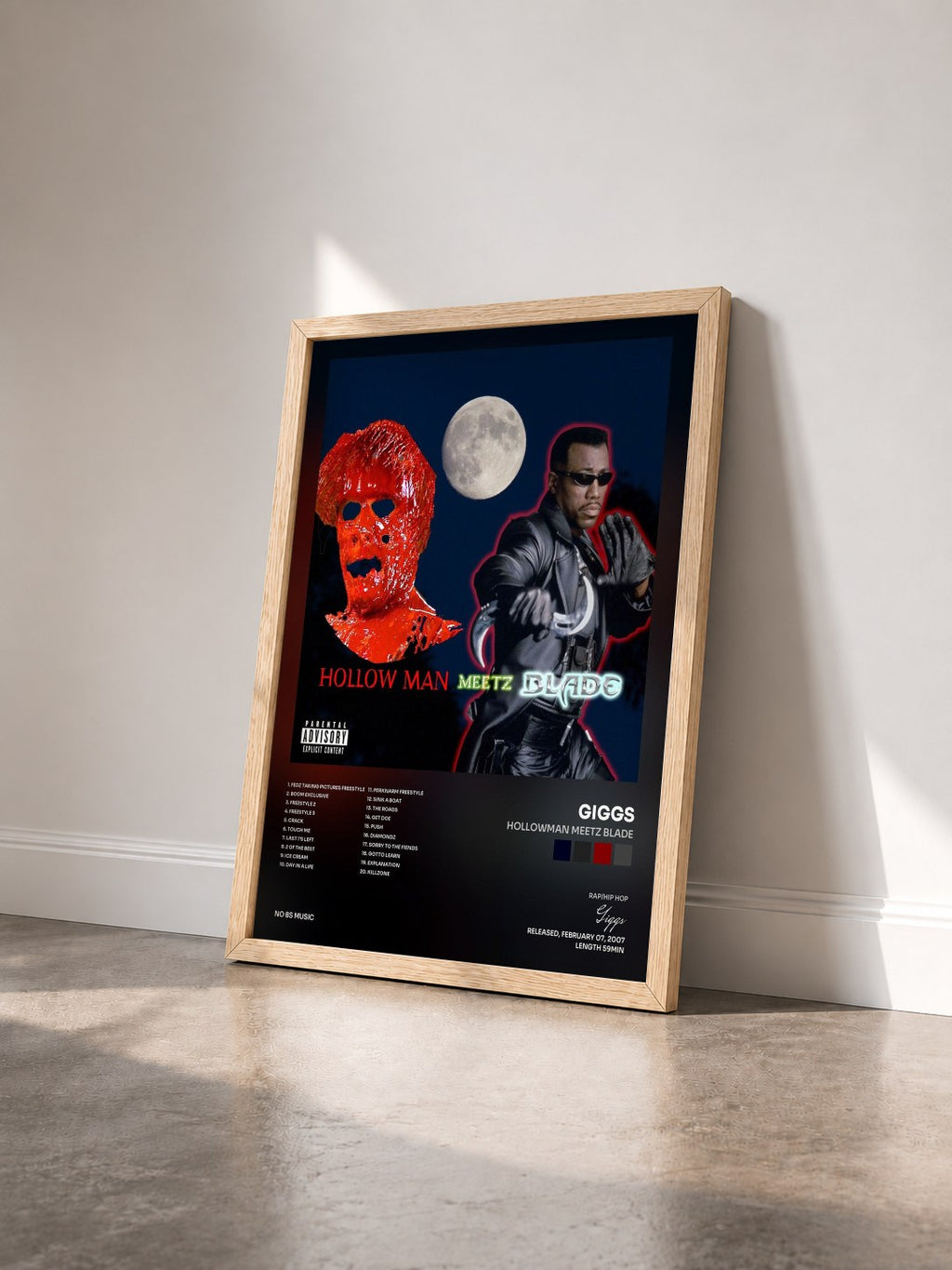 #bois Tableau de l'album Hollowman Meetz Blade de Giggs vu de trois quarts, cadre en bois brut
