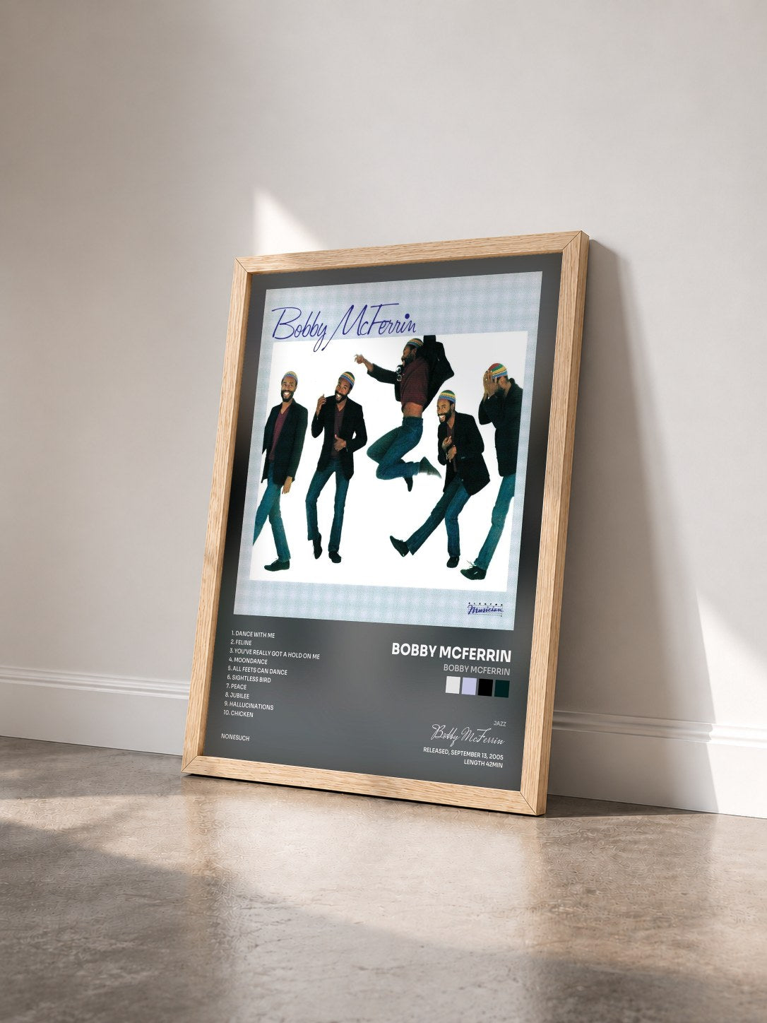 #bois Tableau de l'album Bobby McFerrin de Bobby McFerrin vu de trois quarts, cadre en bois brut
