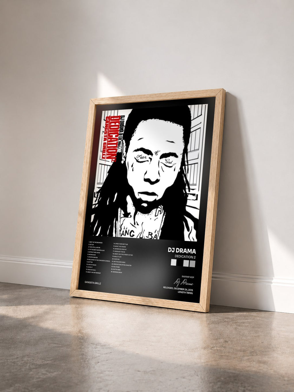 #bois Tableau de l'album Dedication 2 de Dj Drama vu de trois quarts, cadre en bois brut
