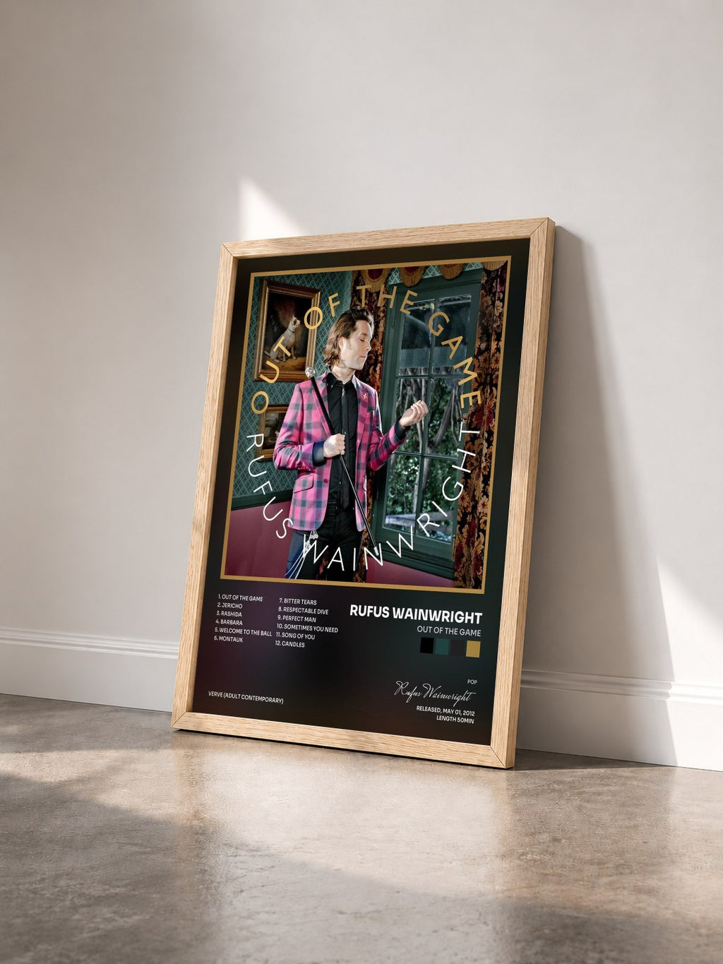 #bois Tableau de l'album Out Of The Game de Rufus Wainwright vu de trois quarts, cadre en bois brut