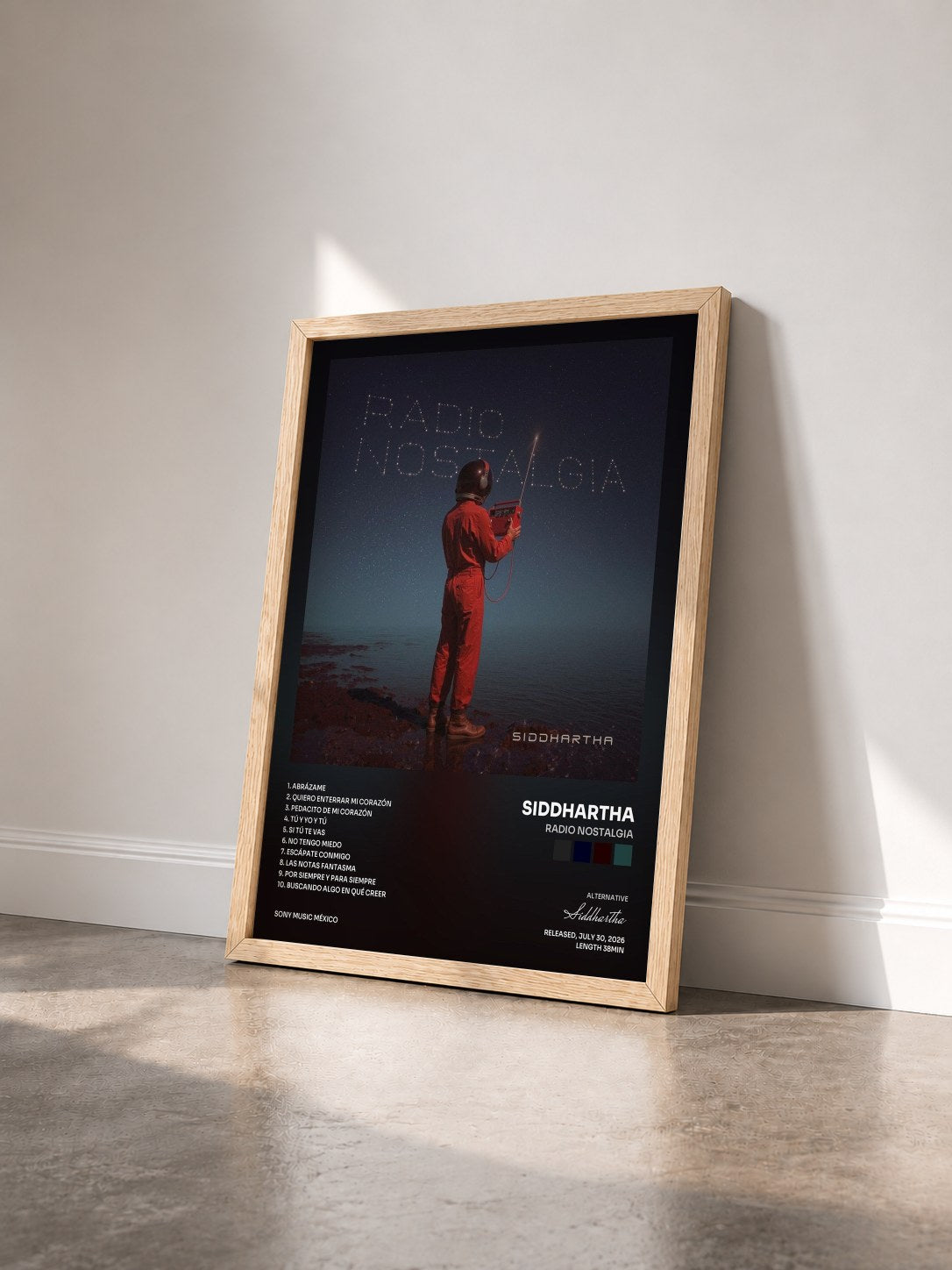 #bois Tableau de l'album Radio Nostalgia de Siddhartha vu de trois quarts, cadre en bois brut