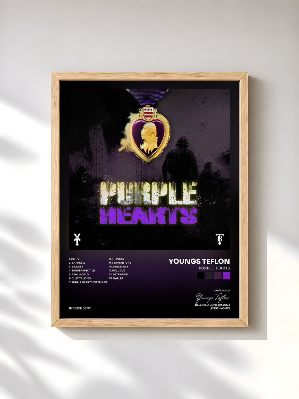 #bois Tableau de l'album Purple Hearts de Youngs Teflon, cadre en bois brut, imprimé et encadré en France