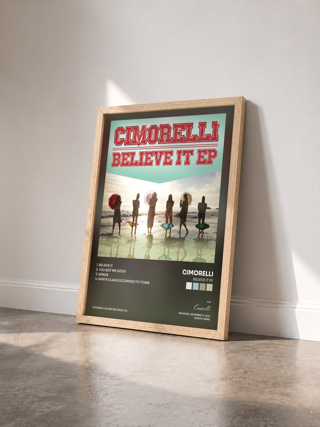 #bois Tableau de l'album Believe It EP de Cimorelli vu de trois quarts, cadre en bois brut