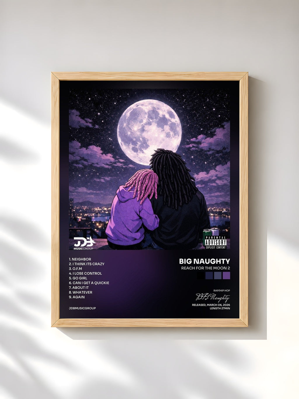 #bois Tableau de l'album Reach For The Moon 2 de BIG Naughty, cadre en bois brut, imprimé et encadré en France