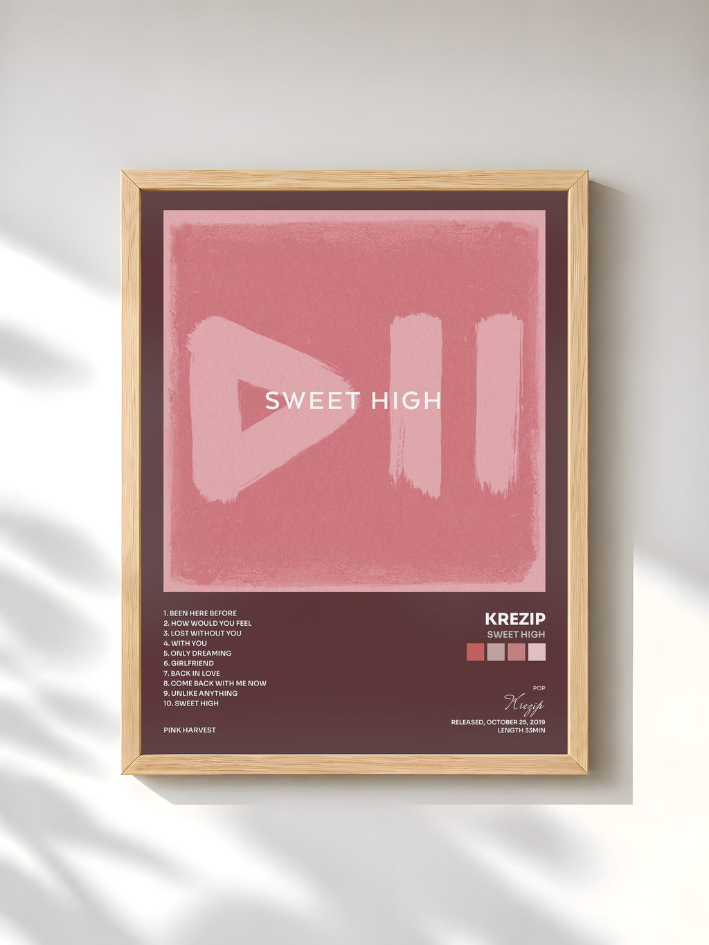 #bois Tableau de l'album Sweet High de Krezip, cadre en bois brut, imprimé et encadré en France