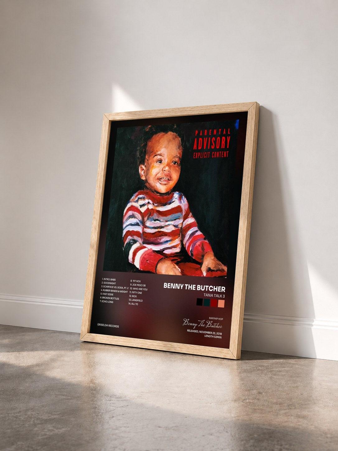 #bois Tableau de l'album Tana Talk 3 de Benny The Butcher vu de trois quarts, cadre en bois brut