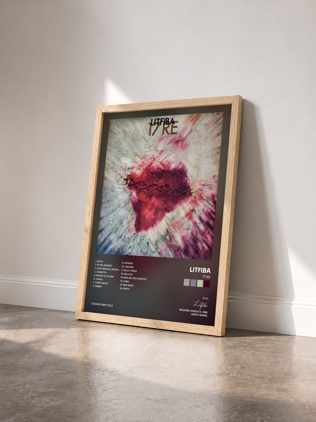 #bois Tableau de l'album 17 Re de Litfiba vu de trois quarts, cadre en bois brut