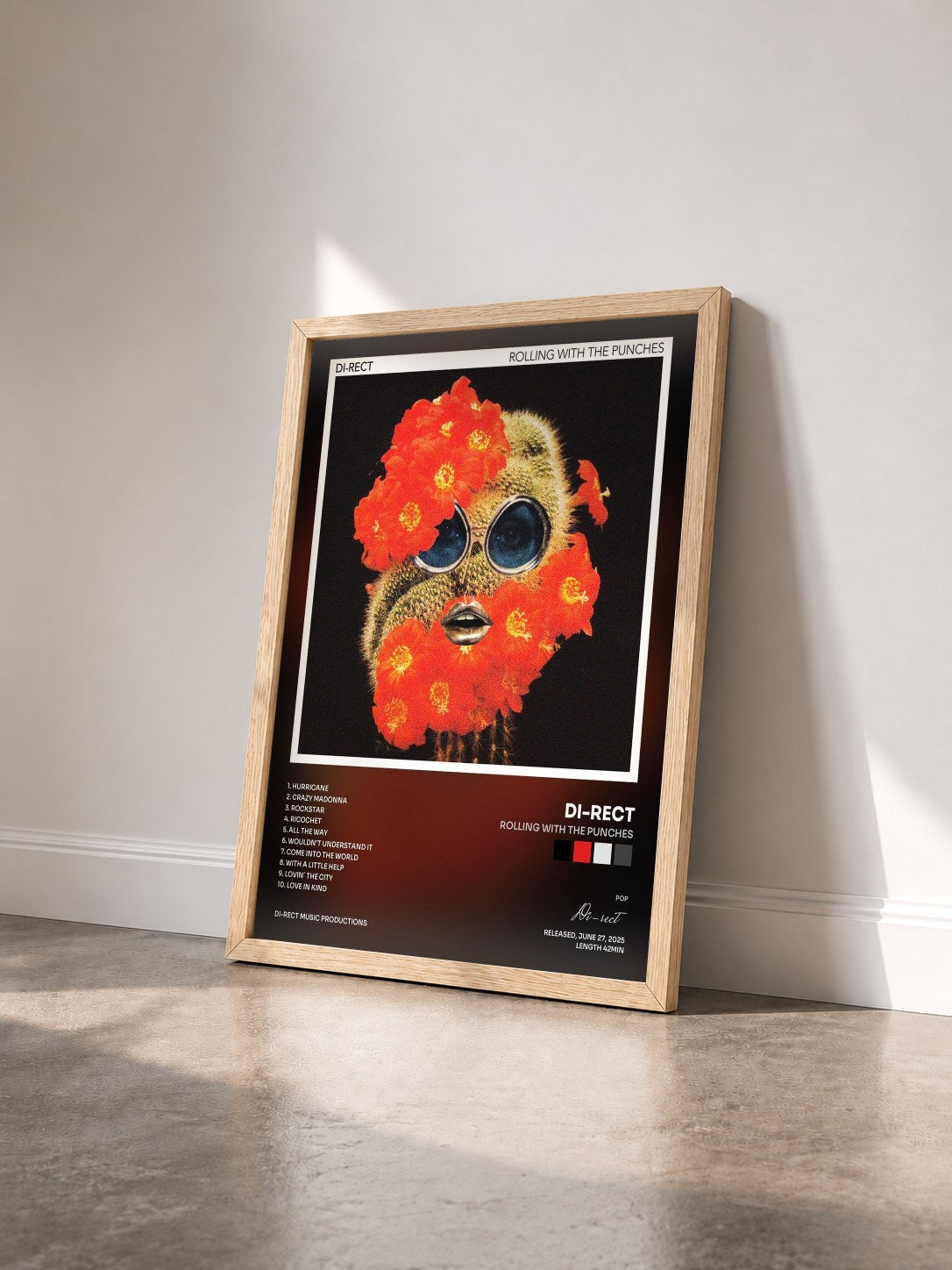 #bois Tableau de l'album Rolling With The Punches de Di-rect vu de trois quarts, cadre en bois brut