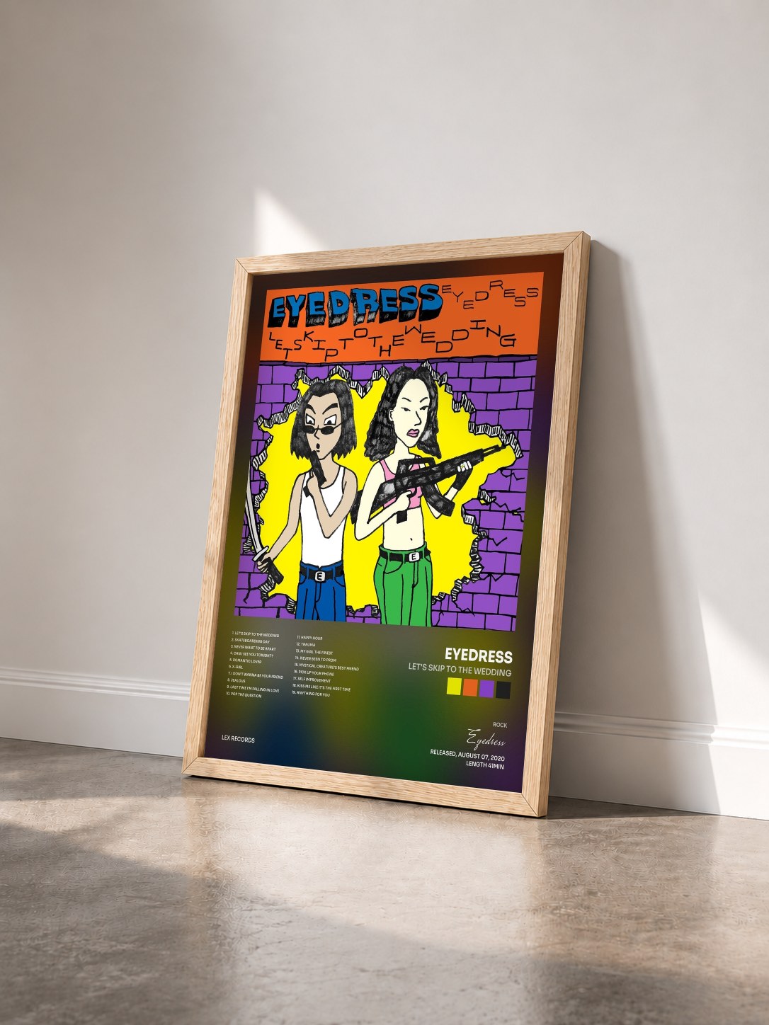 #bois Tableau de l'album Let's Skip to the Wedding de Eyedress vu de trois quarts, cadre en bois brut