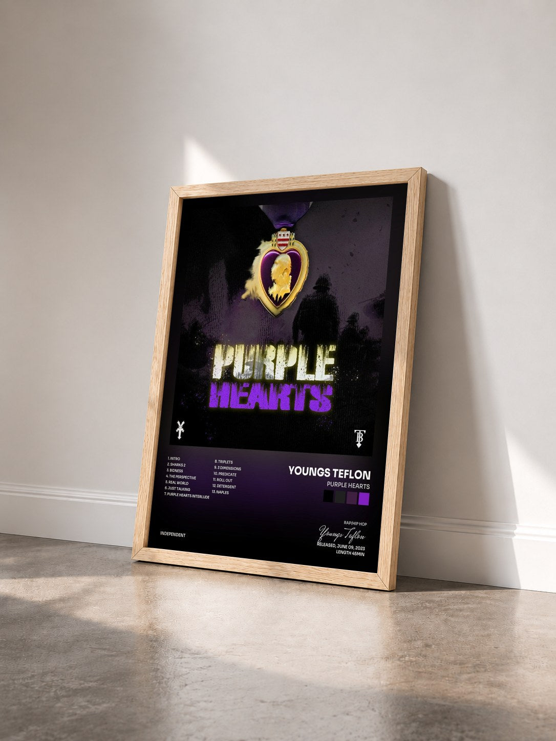 #bois Tableau de l'album Purple Hearts de Youngs Teflon vu de trois quarts, cadre en bois brut