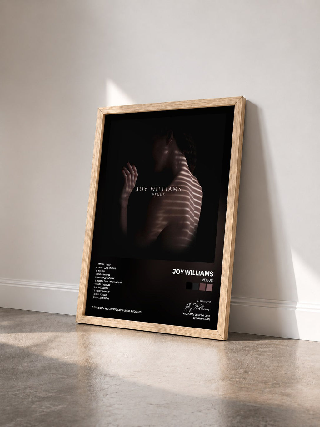 #bois Tableau de l'album VENUS de Joy Williams vu de trois quarts, cadre en bois brut