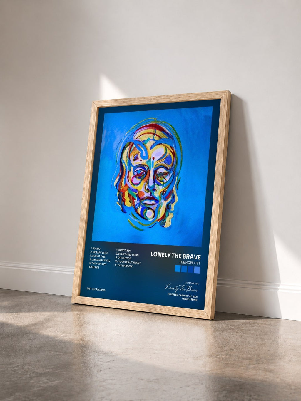 #bois Tableau de l'album The Hope List de Lonely The Brave vu de trois quarts, cadre en bois brut