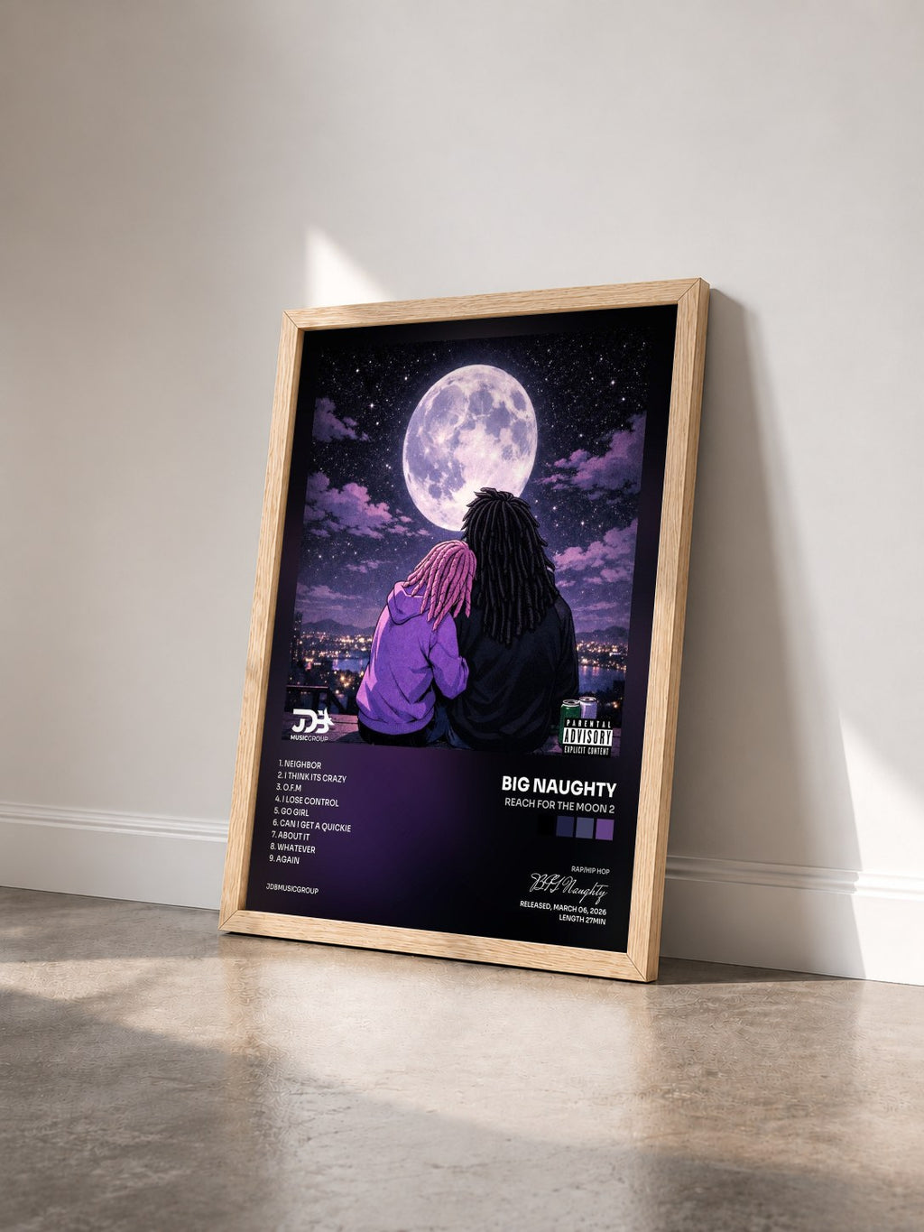 #bois Tableau de l'album Reach For The Moon 2 de BIG Naughty vu de trois quarts, cadre en bois brut
