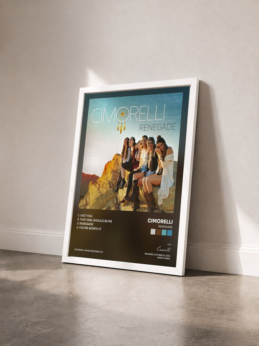 #blanc Tableau de l'album Renegade de Cimorelli vu de trois quarts, cadre blanc