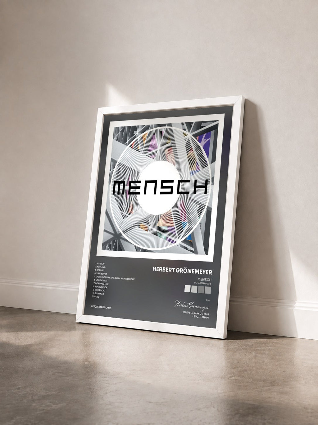 #blanc Tableau de l'album Mensch (Remastered 2016) de Herbert Grönemeyer vu de trois quarts, cadre blanc