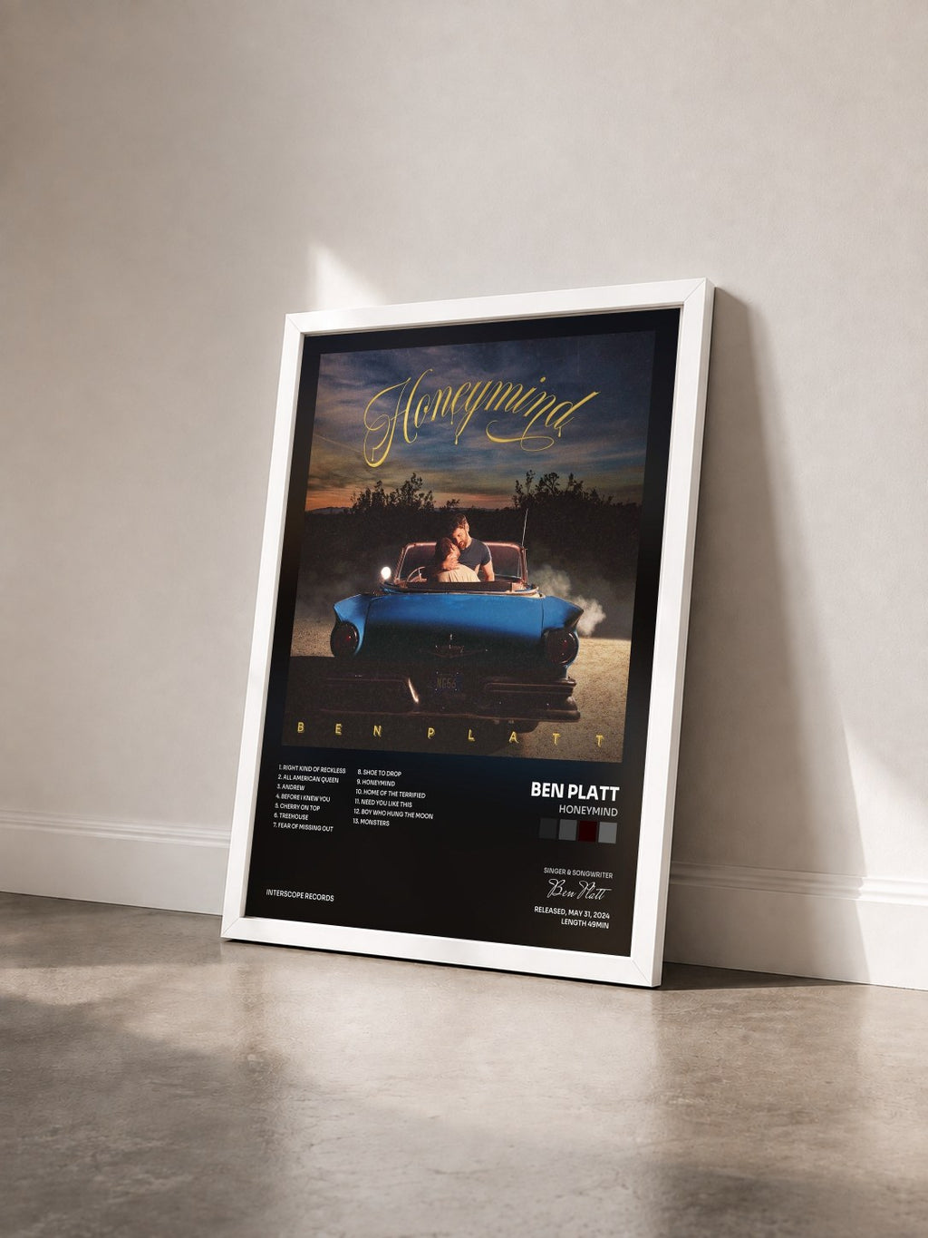 #blanc Tableau de l'album Honeymind de Ben Platt vu de trois quarts, cadre blanc