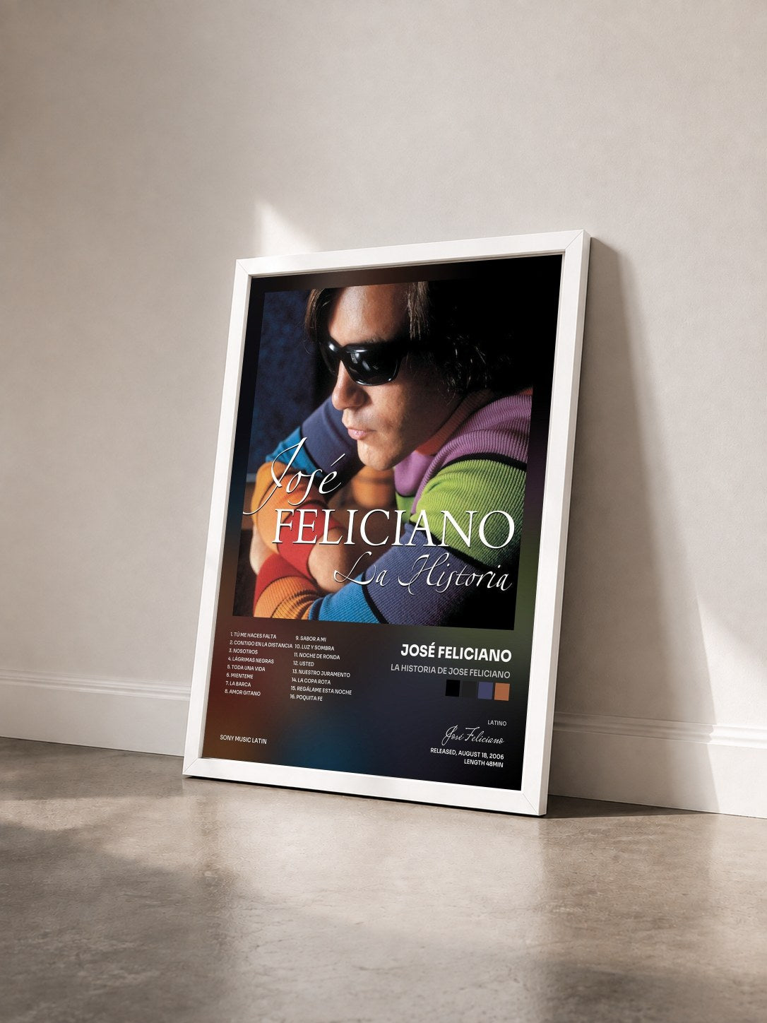 #blanc Tableau de l'album La Historia De Jose Feliciano de José Feliciano vu de trois quarts, cadre blanc