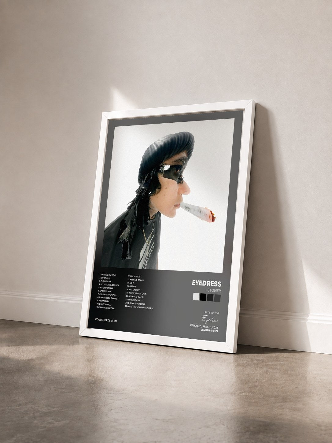 #blanc Tableau de l'album Stoner de Eyedress vu de trois quarts, cadre blanc