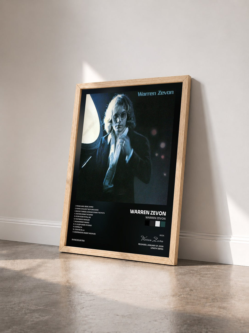 #bois Tableau de l'album Warren Zevon de Warren Zevon vu de trois quarts, cadre en bois brut