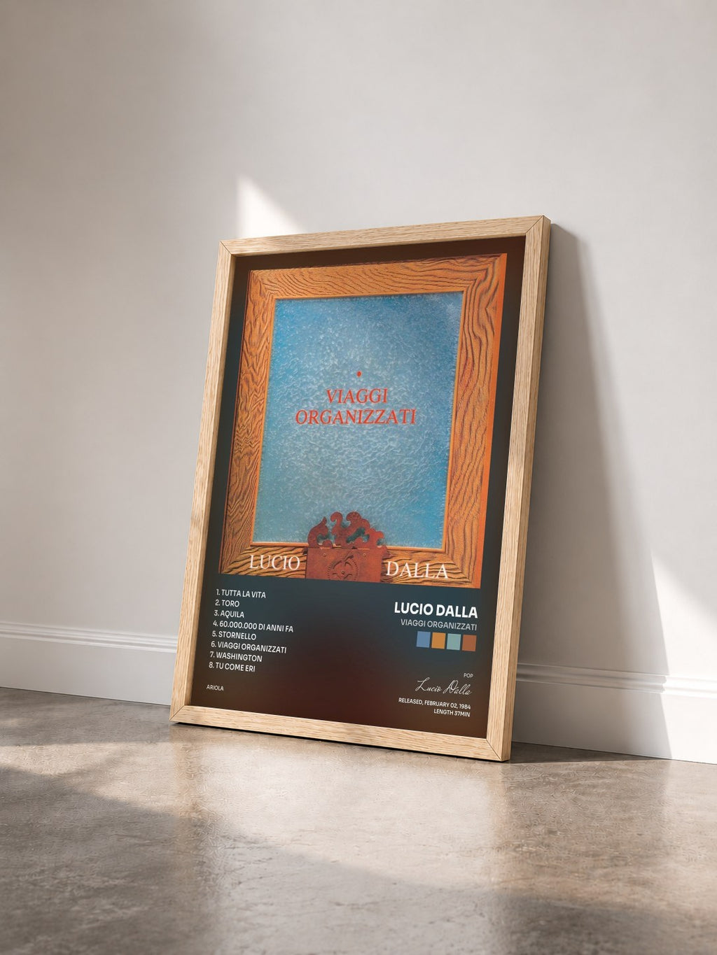 #bois Tableau de l'album Viaggi Organizzati de Lucio Dalla vu de trois quarts, cadre en bois brut