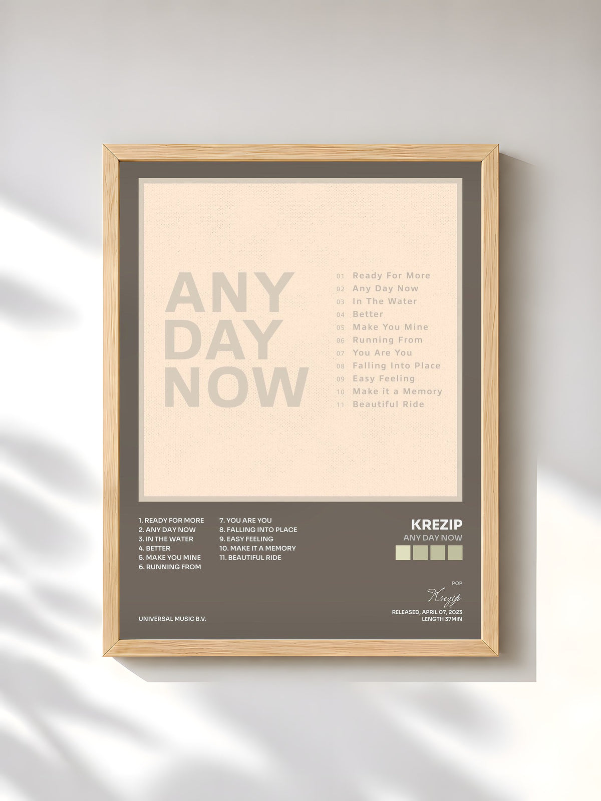 #bois Tableau de l'album Any Day Now de Krezip, cadre en bois brut, imprimé et encadré en France