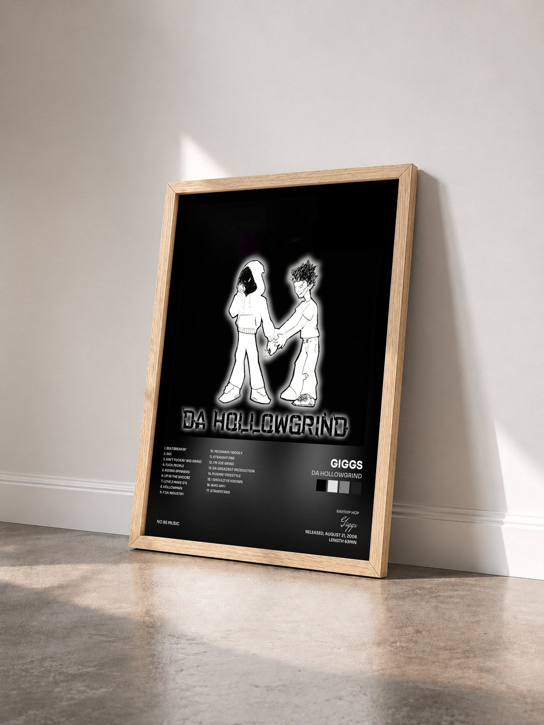 #bois Tableau de l'album Da Hollowgrind de Giggs vu de trois quarts, cadre en bois brut