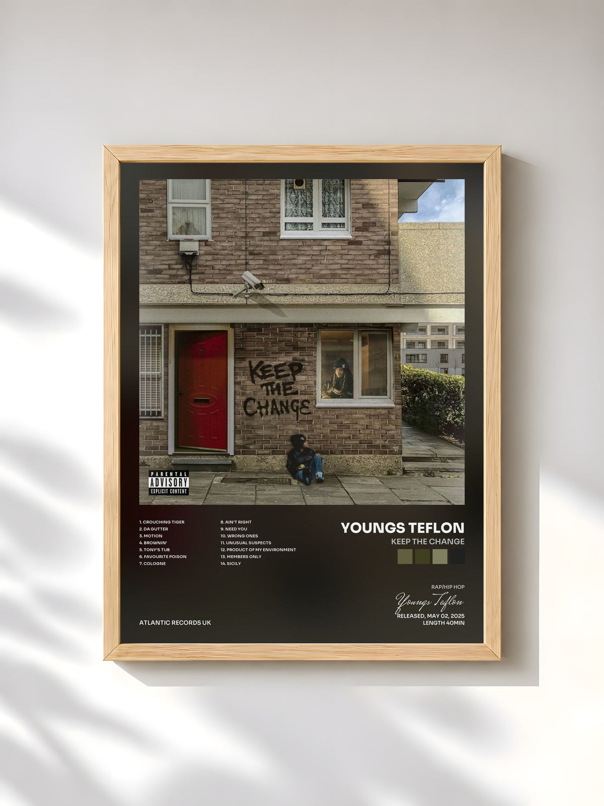 #bois Tableau de l'album Keep The Change de Youngs Teflon, cadre en bois brut, imprimé et encadré en France