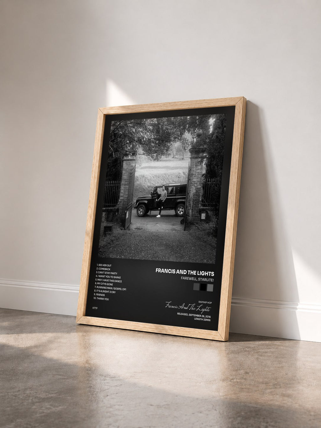 #bois Tableau de l'album Farewell, Starlite! de Francis And The Lights vu de trois quarts, cadre en bois brut