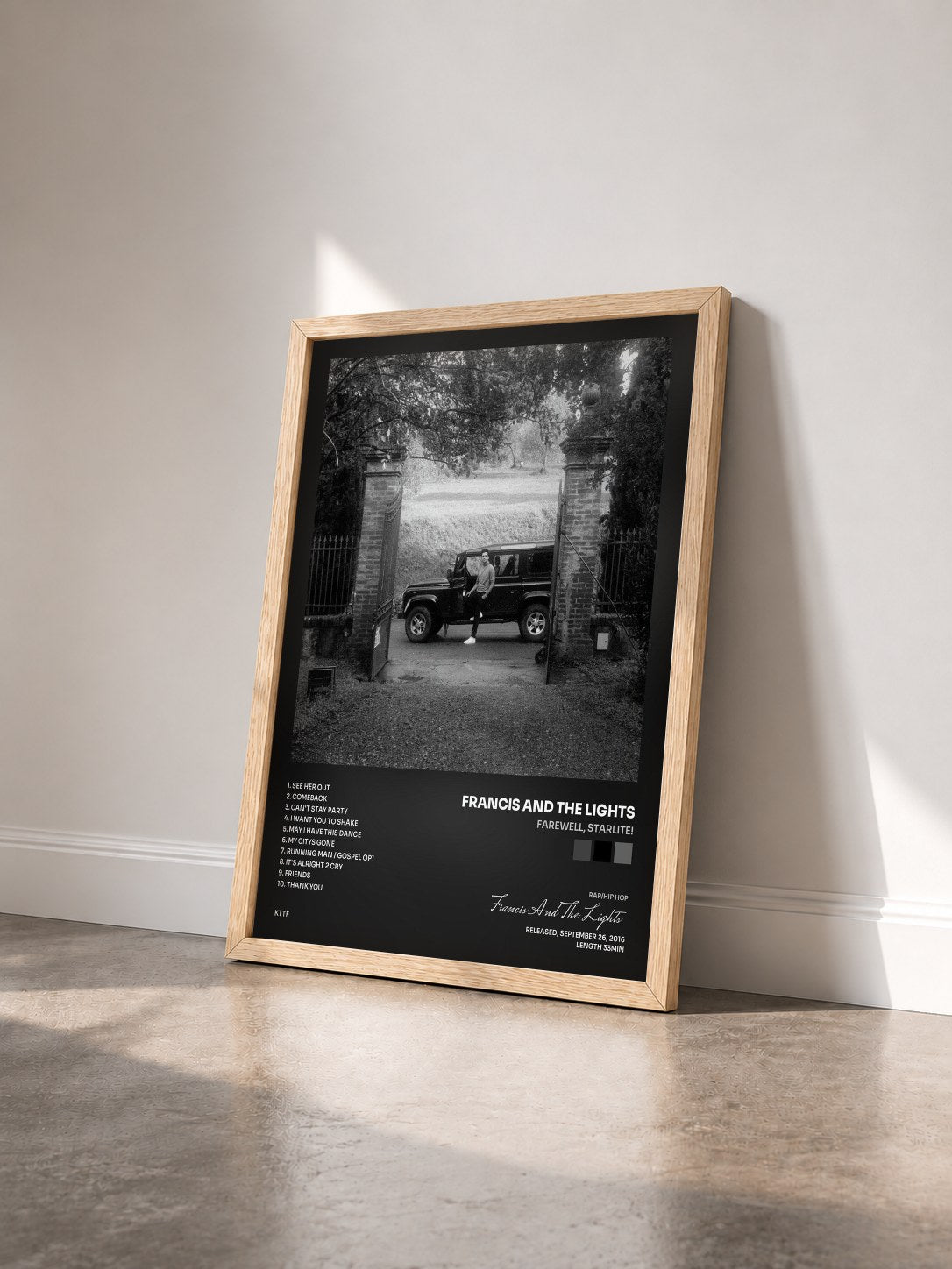 #bois Tableau de l'album Farewell, Starlite! de Francis And The Lights vu de trois quarts, cadre en bois brut