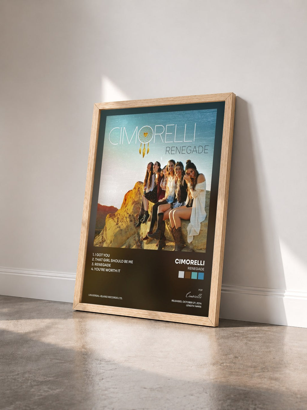 #bois Tableau de l'album Renegade de Cimorelli vu de trois quarts, cadre en bois brut