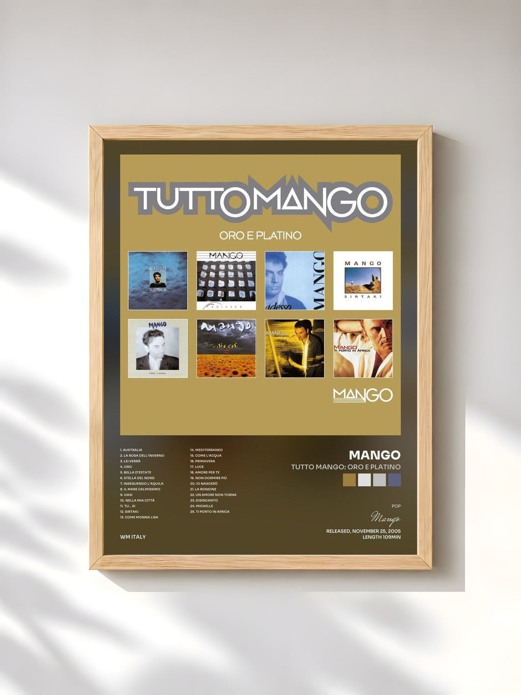 #bois Tableau de l'album Tutto mango: Oro e Platino de Mango, cadre en bois brut, imprimé et encadré en France