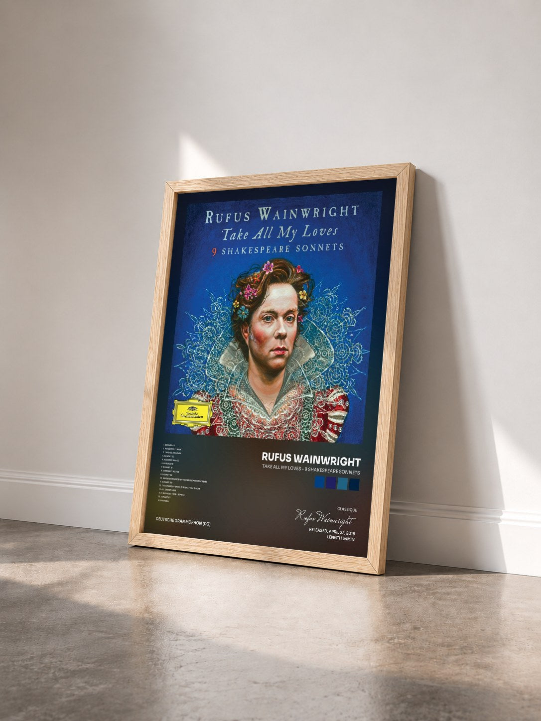 #bois Tableau de l'album Take All My Loves - 9 Shakespeare Sonnets de Rufus Wainwright vu de trois quarts, cadre en bois brut