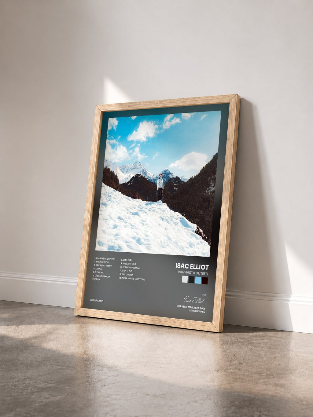 #bois Tableau de l'album Vanhasta Uuteen de Isac Elliot vu de trois quarts, cadre en bois brut