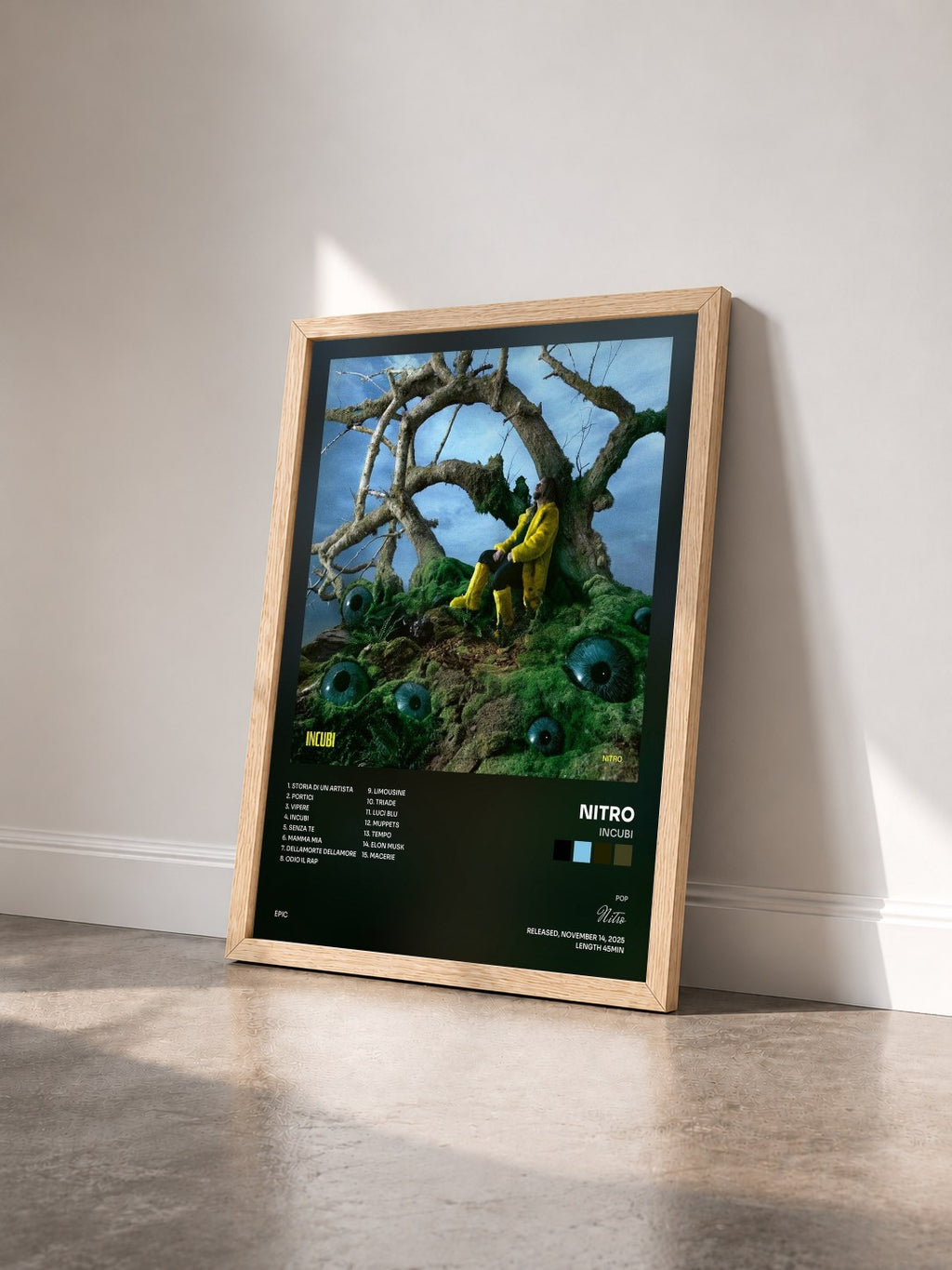 #bois Tableau de l'album Incubi de Nitro vu de trois quarts, cadre en bois brut