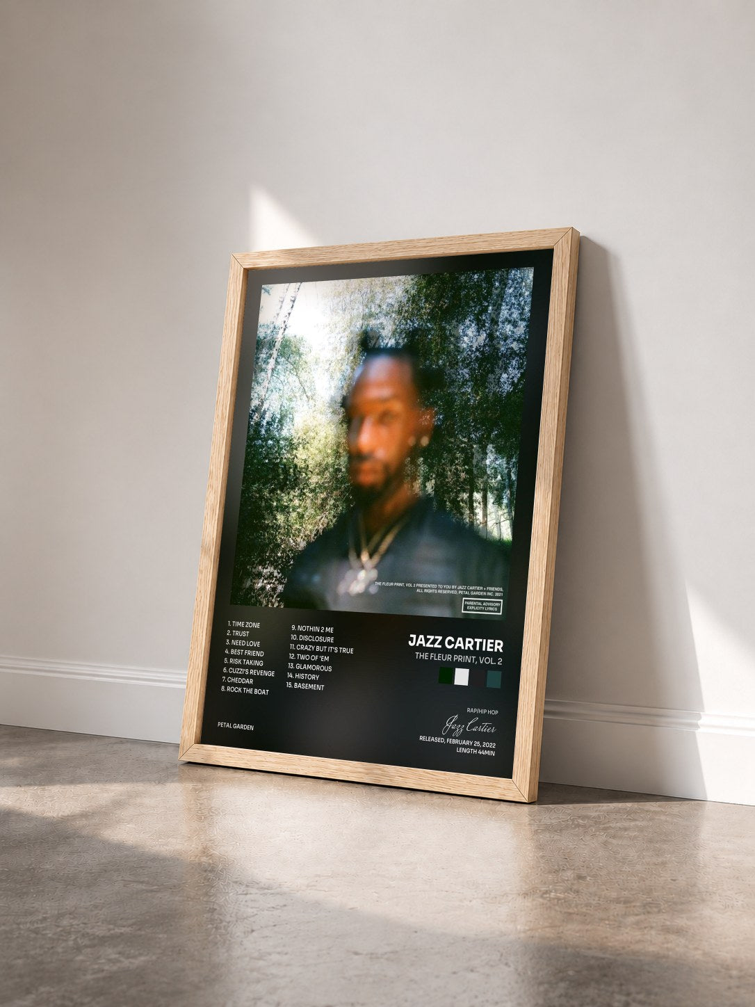 #bois Tableau de l'album The Fleur Print, Vol. 2 de Jazz Cartier vu de trois quarts, cadre en bois brut